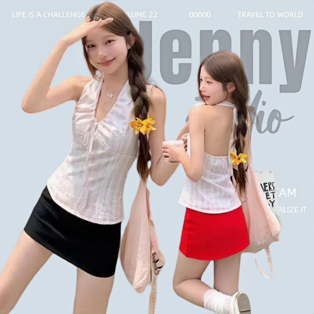 Jenny พร้อมส่ง💗เสื้อสายเดี่ยวคล้องคอผ้าลายลินินคอวี ผูกโบว์หลัง เสื้อคอรอปทรงเข้ารูปใส่แล้วหุ่นสวย ลําลองสําหรับผู้หญิง