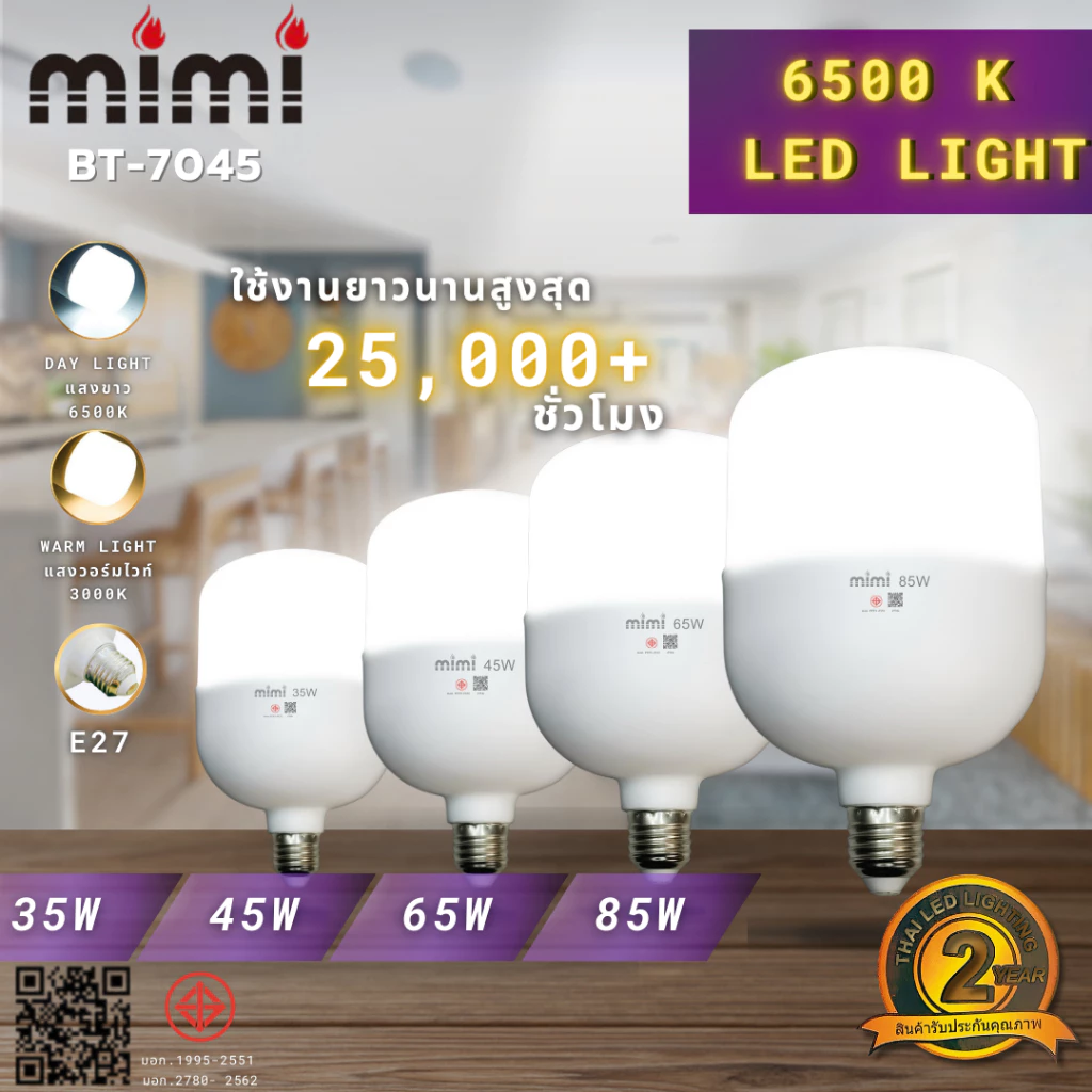 MIMI หลอดไฟ LED E27 ประหยัดพลังงาน 25W-85W 220V