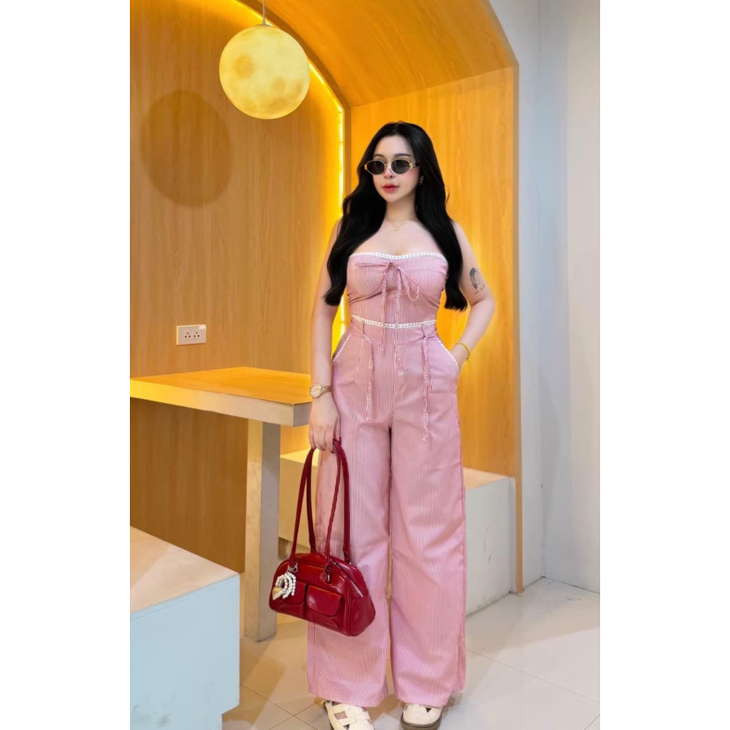 SET 2ชิ้น เกาะอกเกาะใจ +กางเกงขายาวแต่งขอบเอวลูกไม้ เพิ่มความน่ารักใส่ได้2 แบบ คล้องคอหรือเกาะอกก็ได้มีซิปข้าง มีฟองนม