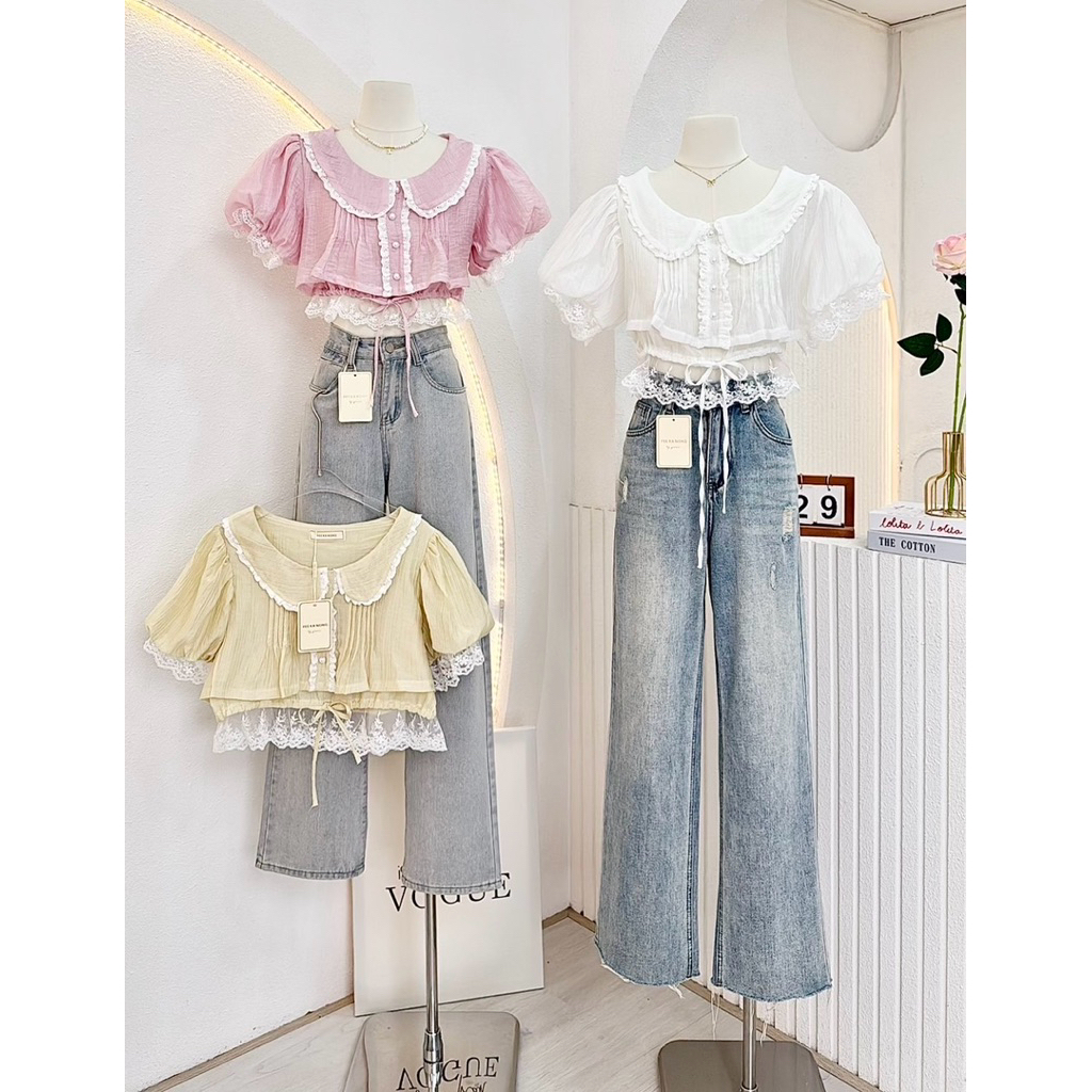 NN715 เสื้อครอบคอบัวแขนตุ๊กตา ชายเสื้อลูกไม้ เชือกปรับรูดเอว Peekanong🌷