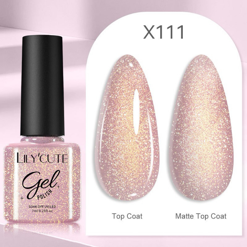 LILYCUTE Gel Polish X110สีชมพูกลิตเตอร์ทอง ทาง่าย แห้งไว ติดทนยาวนาน ใช้ได้ทั้ง Top Coat และ Matte Top Coat เล