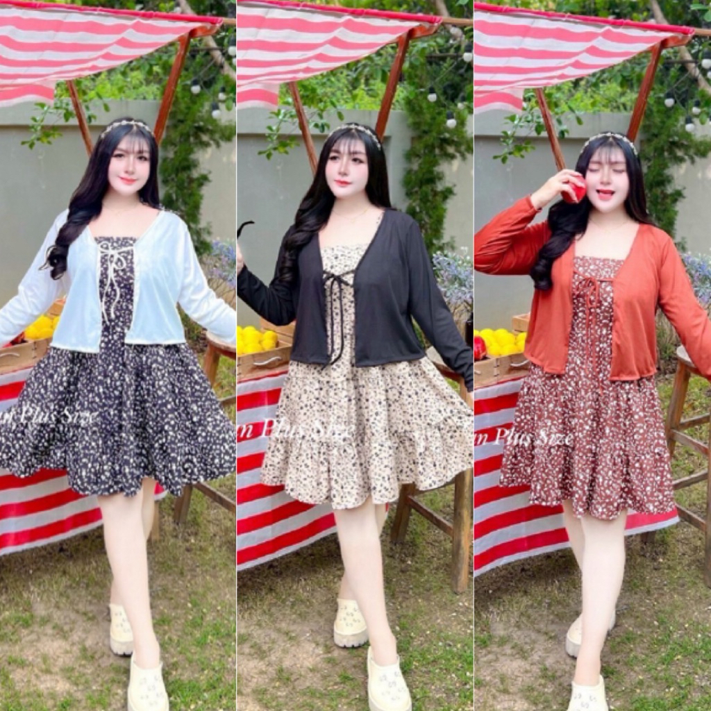 NK ชุดเซ็ต 2 ชิ้น เดรส+เสื้อคลุม เดรสสายเดี่ยวสม๊อคหลังคู่กับเสื้อคลุม ไซส์ใหญ่ สาวอวบ