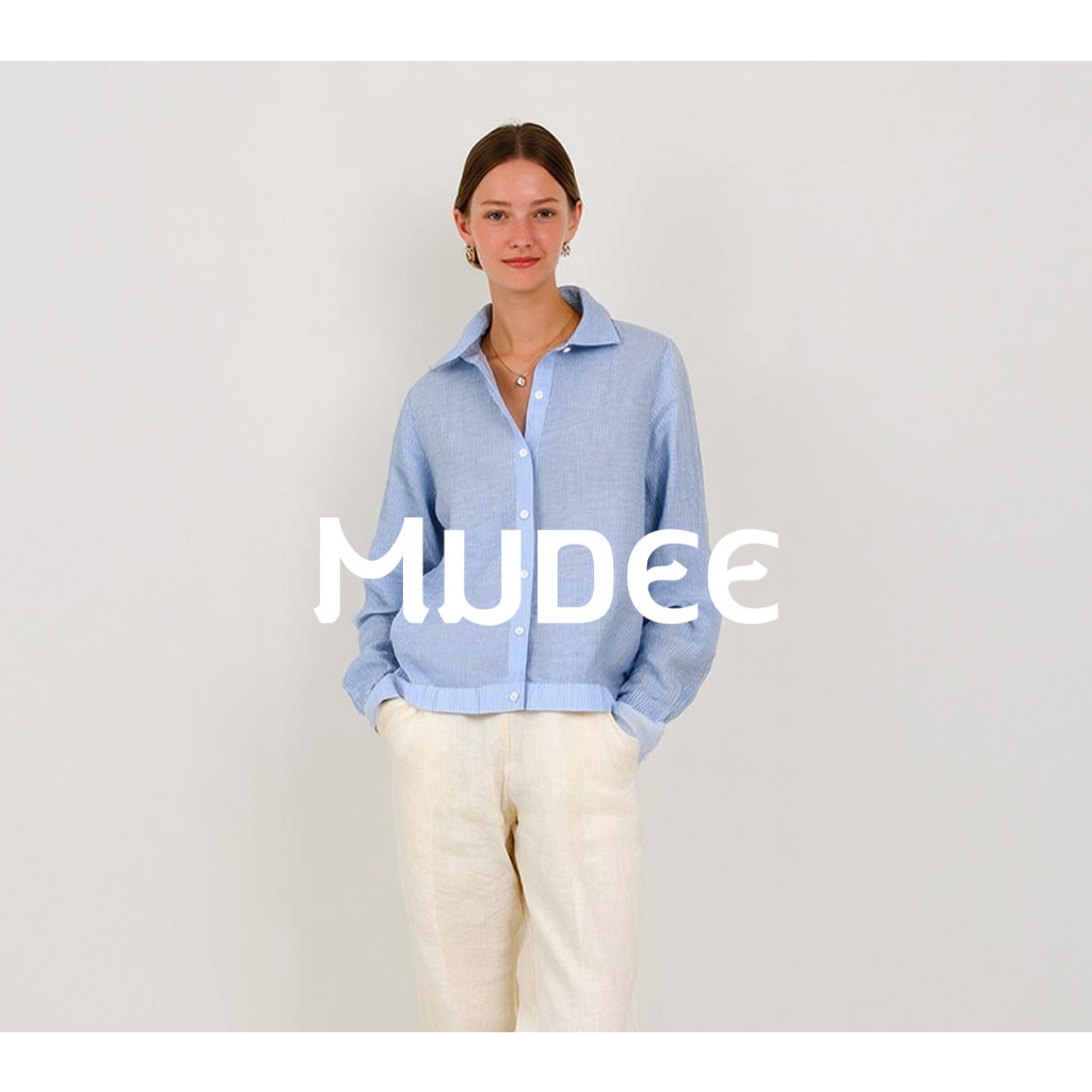 MUDEE เสื้อเชิ้ตลินินแขนยาว จั้มพ์เอวหน้าสีฟ้า
