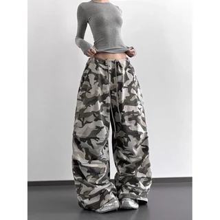 [Summer quick-drying fabric, dance camouflage pants]กางเกงขากว้างลายพรางเต้นรำแจ๊สเอวสูงสำหรับผู้หญิง