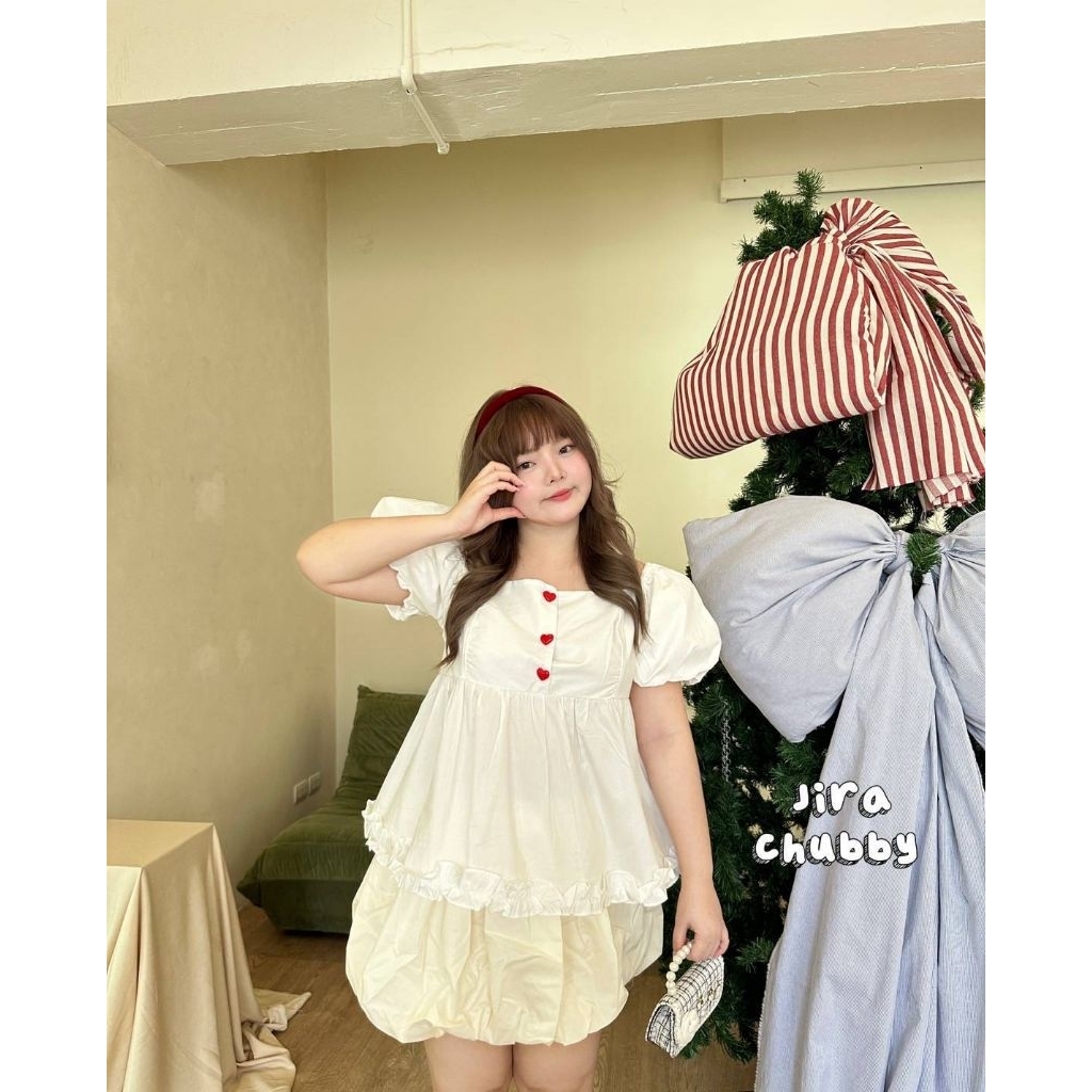 Honey Heart Top - เสื้อแขนบอนลูน แต่งกระดุมหัวใจสีพาสเทล ฟรีไซส์ อก 38-50 นิ้ว เสื้อสาวอวบ ไซส์ใหญ่