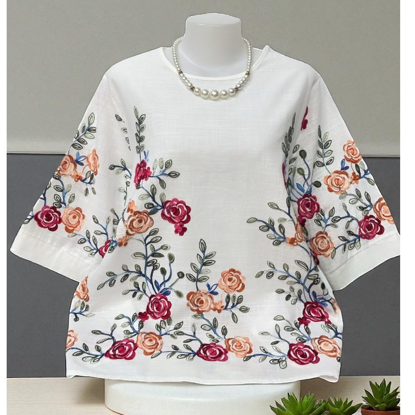 เสื้อปักลายผ้าลินินผสม. รอบอก44-46-48นิ้วฟรีไซส์ หน้าผ้า48นิ้ว เสื้อปักลายลูกไม้ เสื้อสีขาวใส่งานบุญ