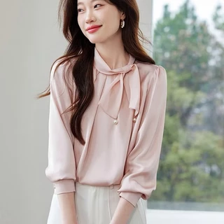 เสื้อทำงานผู้หญิงแขนยาว เนื้อผ้าเกาหลี ดีไซน์ผูกโบว์ข้าง สำหรับผู้หญิงออฟฟิศ