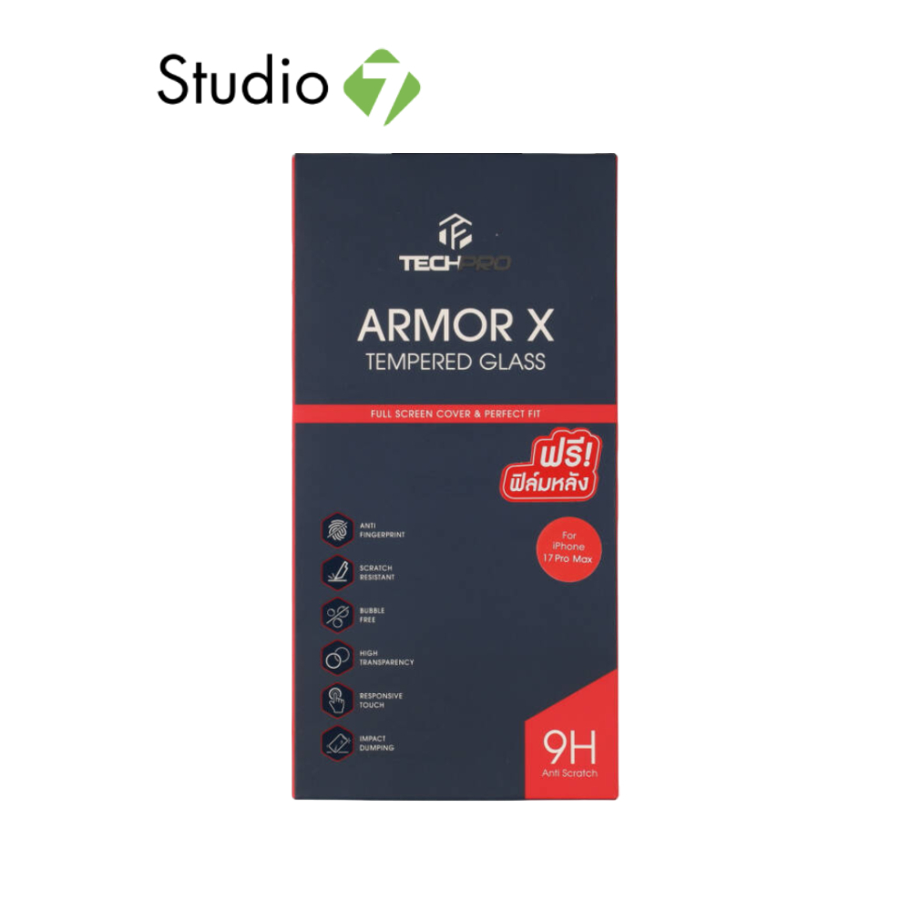 ฟิล์มกันรอย TECHPRO ARMORX Tempered Glass iPhone 17/Air/17 Pro/17 Pro Max Full Frame Black by Studio7