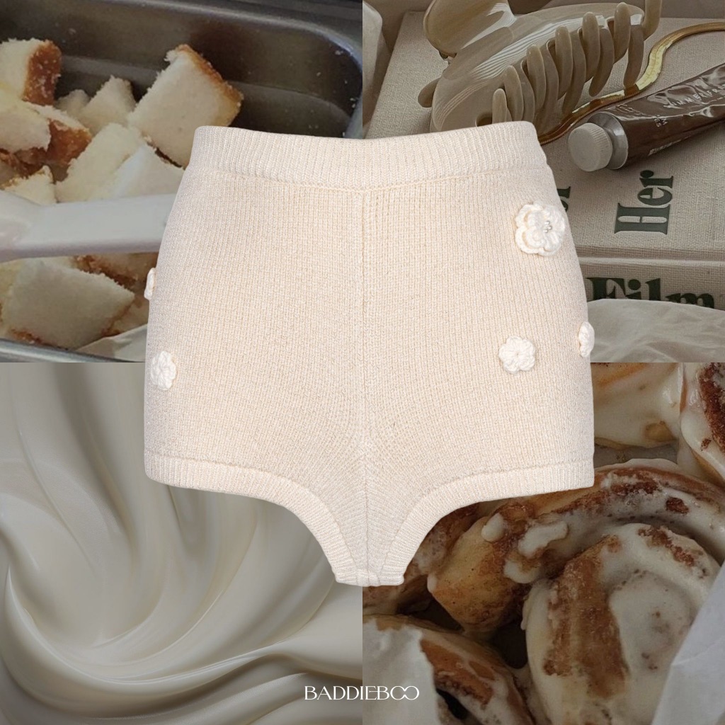 Baddieboo - Heavenly Knitted Short กางเกงขาสั้นไหมพรมกลิตเตอร์ตกแต่งด้วยดอกไม้