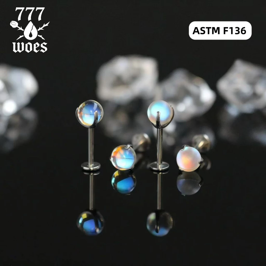 G23เกรดแพทย์ไทเทเนียมฐานแบนต่างหูจิวหูกระดูกอ่อนมูนสโตนโอปอสวยหรูใส่นอนได้แวววาวระยิบระยับไม่แพ้