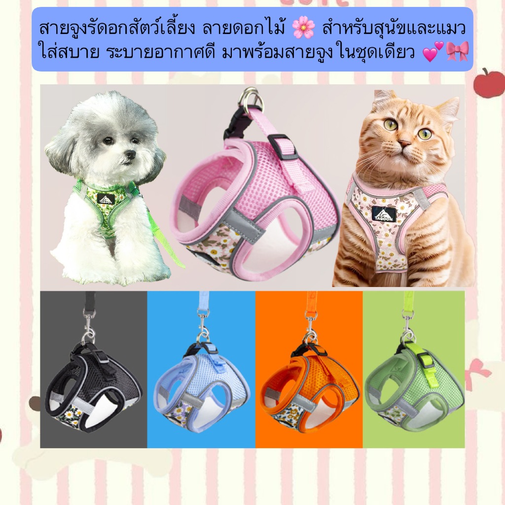 BN-718 สายจูงรัดอกสัตว์เลี้ยง ลายดอกไม้ 🌸 สำหรับสุนัขและแมว น้ำหนักเบา ใส่สบาย ระบายอากาศดี มาพร้อมสายจูงในชุดเดียว 💕🎀