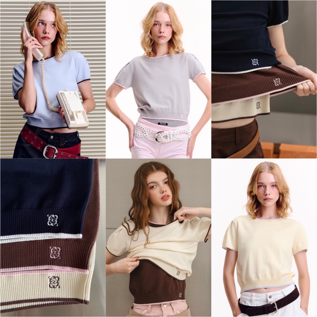 CHUUCHOP – (S-4XL) Cozy Knit T-shirt เสื้อแขนสั้นทูโทน (C8415)