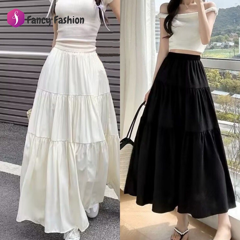 Fancy กระโปรงยาวจีบสไตล์เกาหลีสำหรับผู้หญิง ทรงเอ เอวยางยืด กระโปรงยาวแฟชั่นลำลอง ขนาด S-2XL