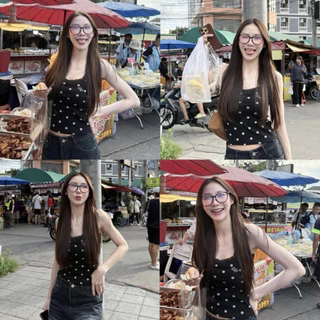 BY IRA ❤️พร้อมส่ง❤️ เสื้อกล้ามแขนกุด ลายจุดแต่งระบายลูกไม้ งานปักที่อก สุดน่ารัก