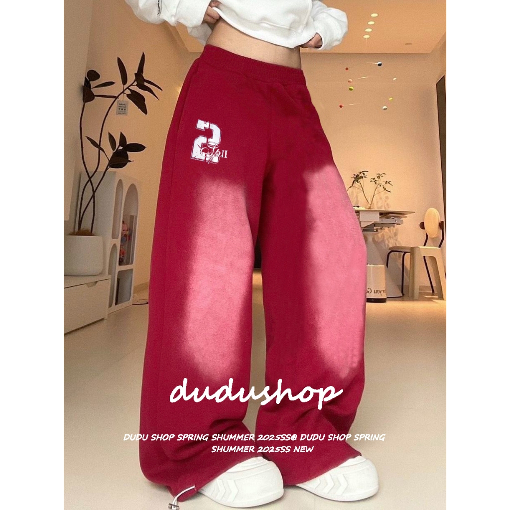 [Hip-hop print contrasting street dance wide-leg pants]กางเกงลำลองสไตล์ฮิปฮอปแจ๊สอเมริกันสำหรับผู้หญิง กางเกงกีฬาเอวสูง
