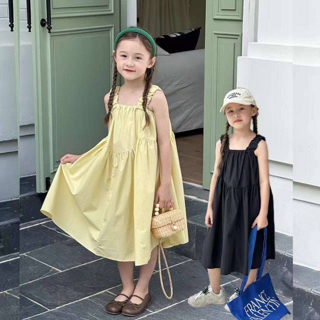 Mom Kids พร้อมส่ง ชุดเดรสกระโปรงสายเดี่ยว สําหรับเด็กผู้หญิง สไตล์เกาหลี สีเรียบ ใส่สบาย หาดทราย