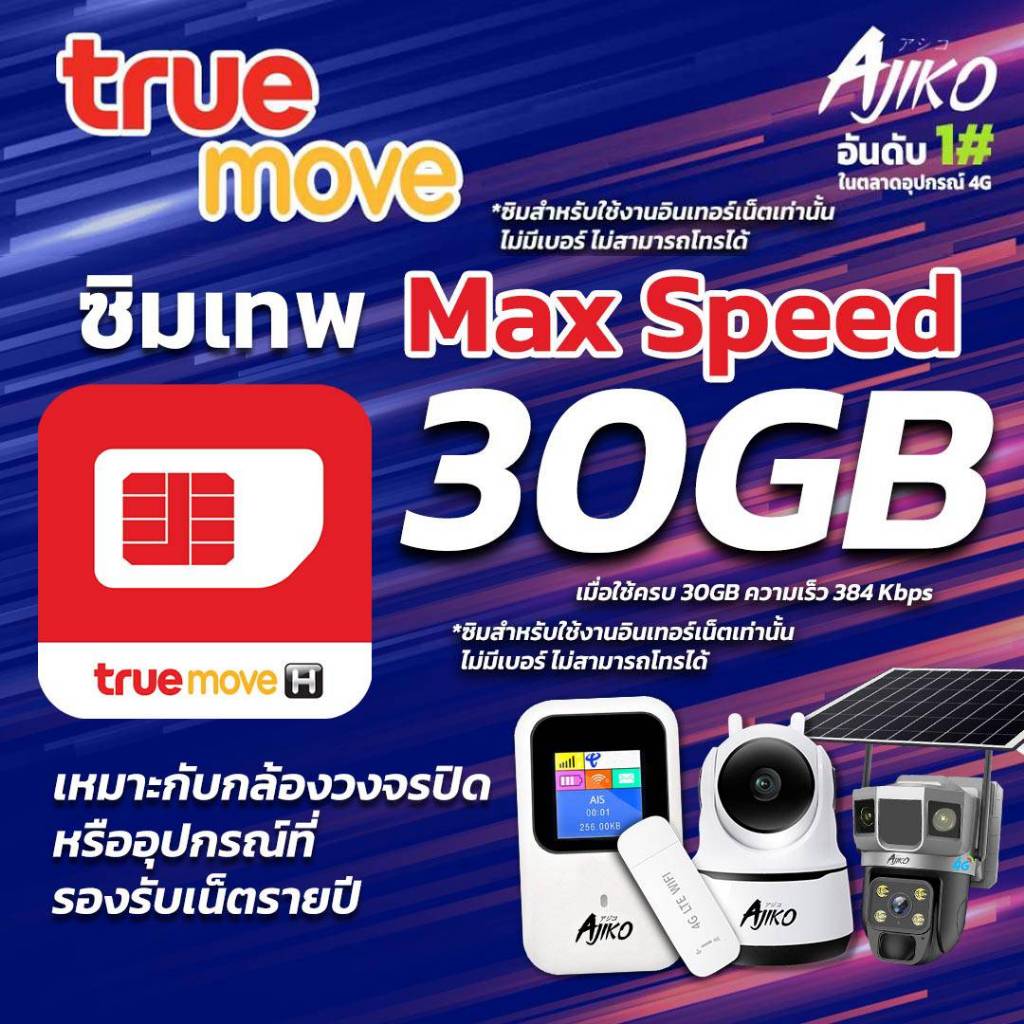 ซิมเน็ตรายปี ซิมเทพ Max speed 30GB/เดือน ซิมทรู เน็ตรายเดือน ไม่ลดสปีด โทรไม่ได้ (แจ้งร้านลงทะเบียน)