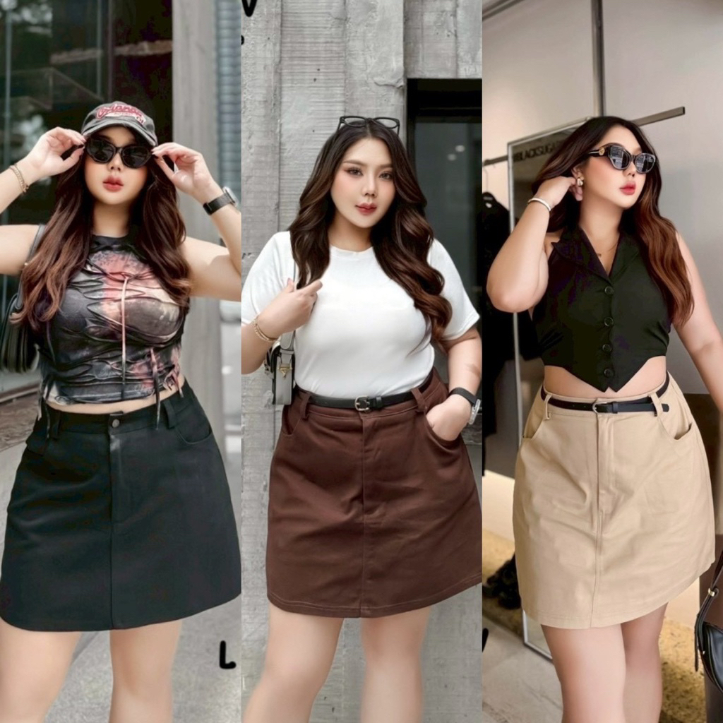 กระโปรงสั้นสาวอวบ ทรงสอบ สีเอิร์ธโทนสุดฮิต สม็อคหลังเอว34-50นิ้ว