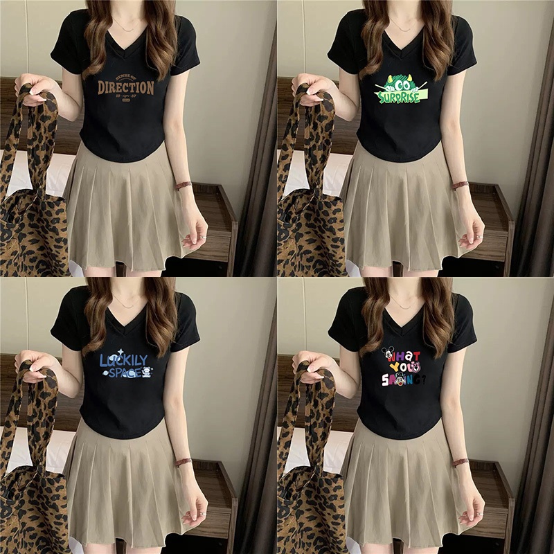 👕 เสื้อยืดครอป เสื้อวินเทจ เสื้อแขนสั้น ผู้หญิง คอวี ใส่สบาย เสื้อทรงหลวมสไตล์เกาหลี สินค้าพร้อมส่ง👕