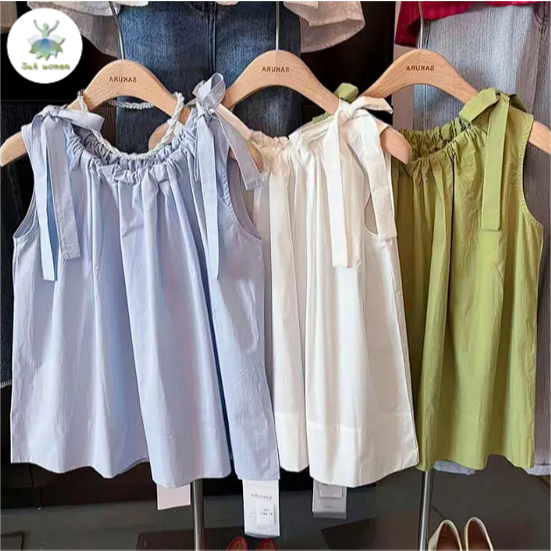 Suk women เสื้อสายเดี่ยว เสื้อผ้าผู้หญิง ลมที่เรียบง่ายสีทึบ Drawstring เสื้อแขนกุด ฤดูร้อนออกแบบเสื้อแฟชั่น เสื้อกล้าม