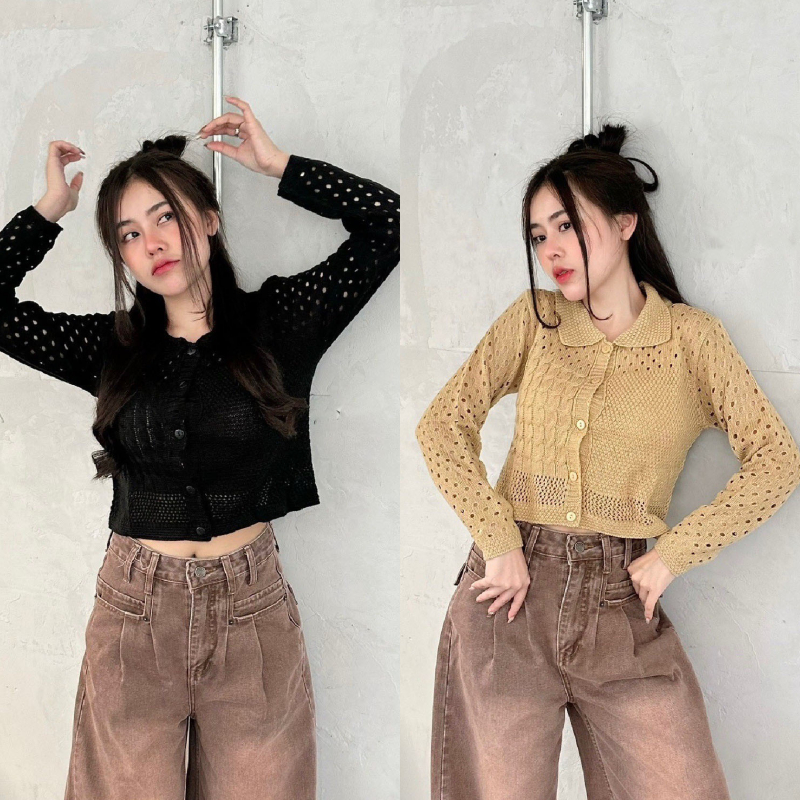 SpinnyHouse เสื้อครอปแขนยาว ผ้าไหมพรม แต่งกระดุมผ่าหน้า คอปก ทอลายฉลุ เสื้อใส่เที่ยวทะเล ใส่เล่น พร้อมส่ง รุ่น เงินกู้
