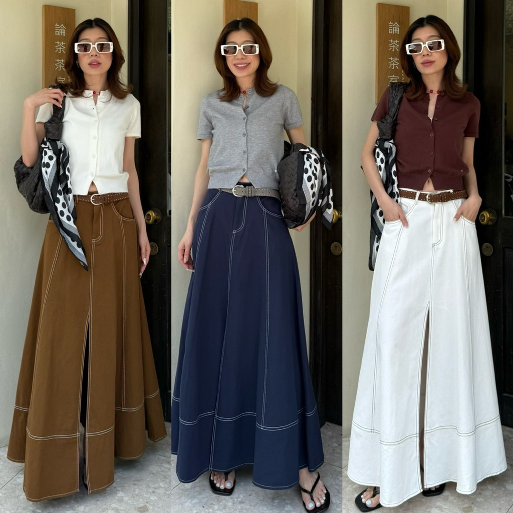 1072 STUDIOX2 A-Line Maxi Skirt กระโปรงยาวทรงเอ ผ่าหน้า ผ้าแคนวาสญี่ปุ่น (S/M-L/XL/XXL)