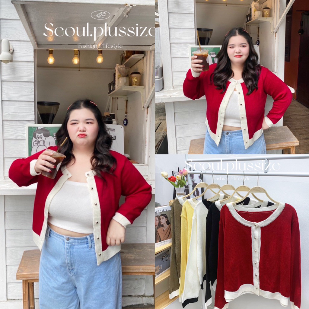 เสื้อไหมพรมแขนยาว แต่งขอบสีขาว ไซส์ใหญ่ อก 40-50”