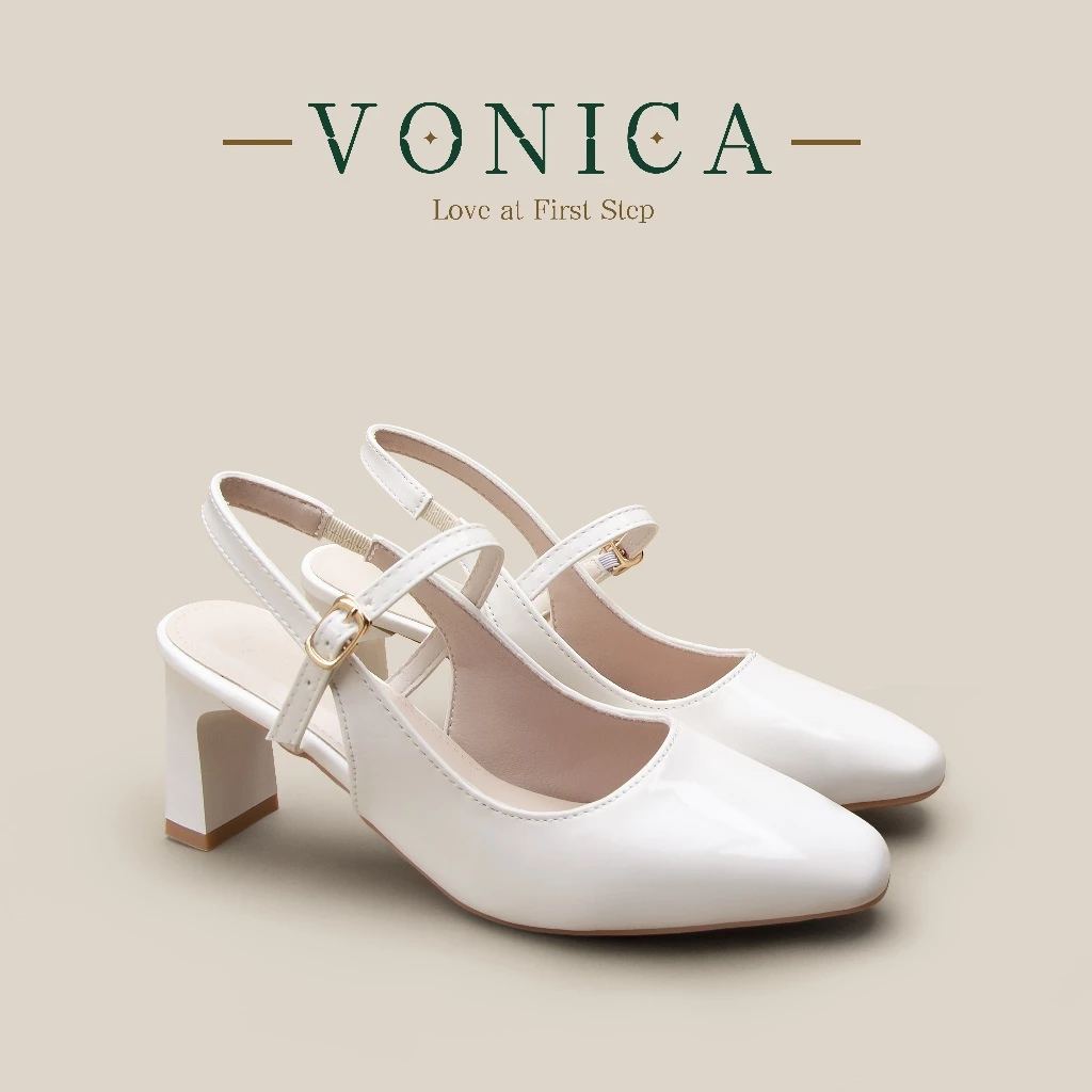 VONICA รองเท้าส้นหนาสีเบจ สำหรับผู้หญิง เก๋ไก๋ เหมาะกับออฟฟิศและงานแต่ง