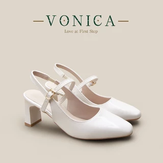 VONICA รองเท้าส้นหนาสีเบจ สำหรับผู้หญิง เก๋ไก๋ เหมาะกับออฟฟิศและงานแต่ง