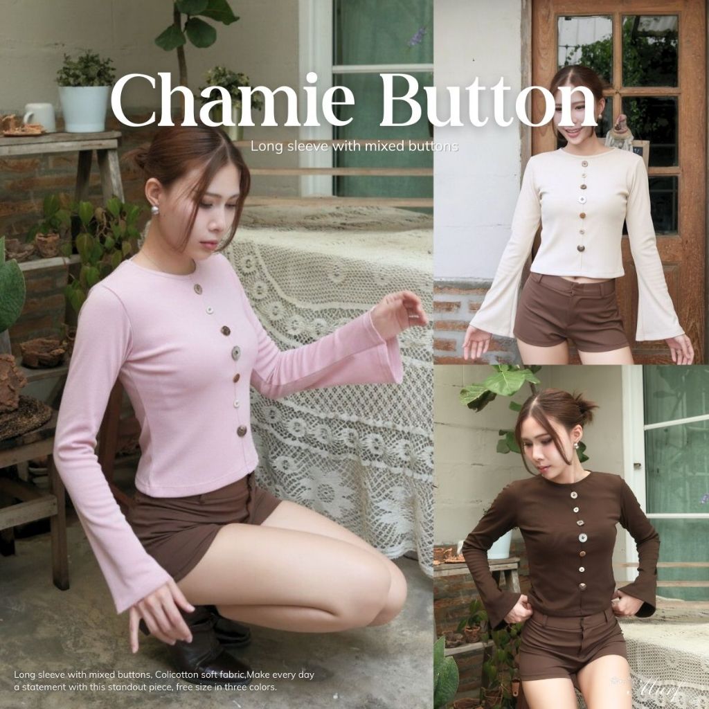 Chamie Button Top | เสื้อแขนยาวแต่งกระดุม ดีไซน์กระดุมคละ Colicotton ผ้านุ่ม   | MURF.BKK | Button long sleeve T158