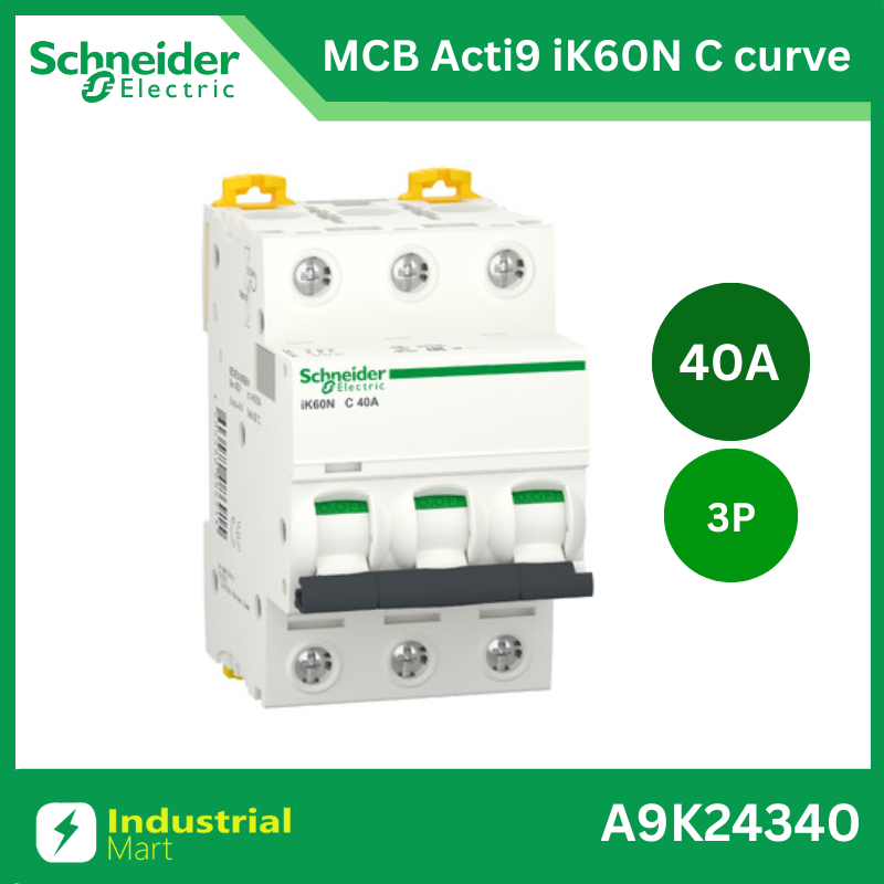 Schneider Electric A9K24340 Miniature circuit breaker, Acti9 iK60N, 3P, 40A, C curve, 6000 A, 6kA