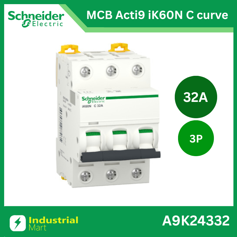 Schneider Electric A9K24332 Miniature circuit breaker, Acti9 iK60N, 3P, 32 A, C curve, 6000 A, 6kA