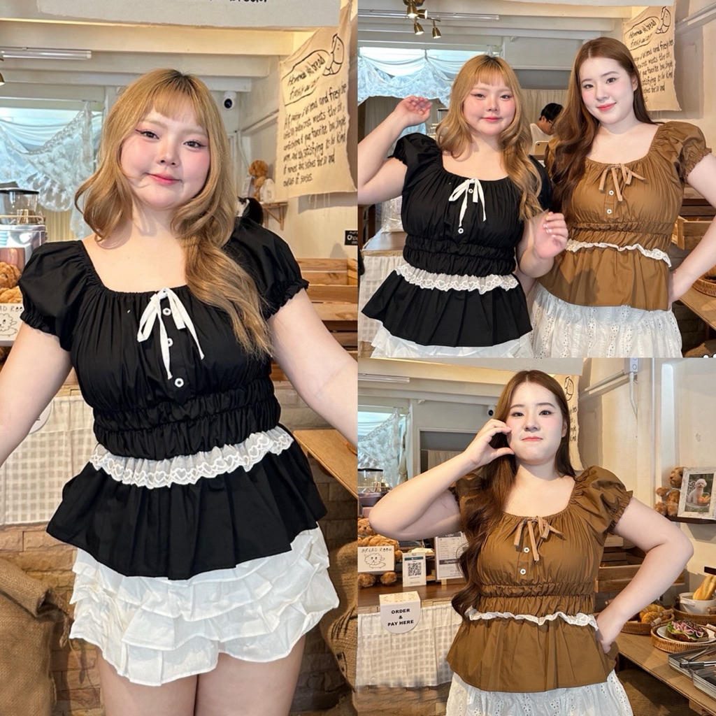Jira เสื้อคอเหลี่ยมแขนตุ๊กตา (จั้มเอว) เสื้อสาวอวบ อก38-50นิ้ว plussize