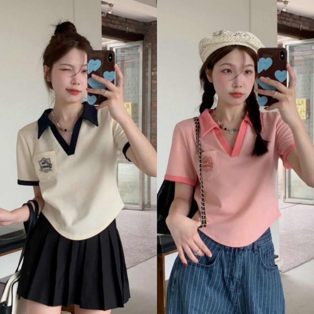 เสื้อโปโลผู้หญิงแขนสั้น คอวี ทรงหลวม ดีไซน์ไม่เท่ากัน สีตัดกัน ทรงสั้น