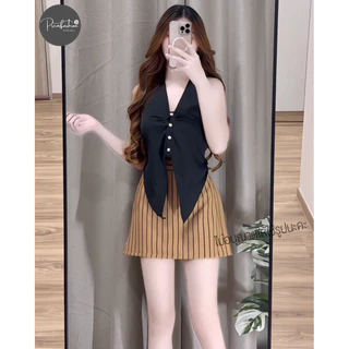 @PREM🌸ชุดเซ็ต 2 ชิ้นเสื้อคล้องคองานเวียดสวยไฮโซพร้อมกระโปรงลายริ้วสั้น