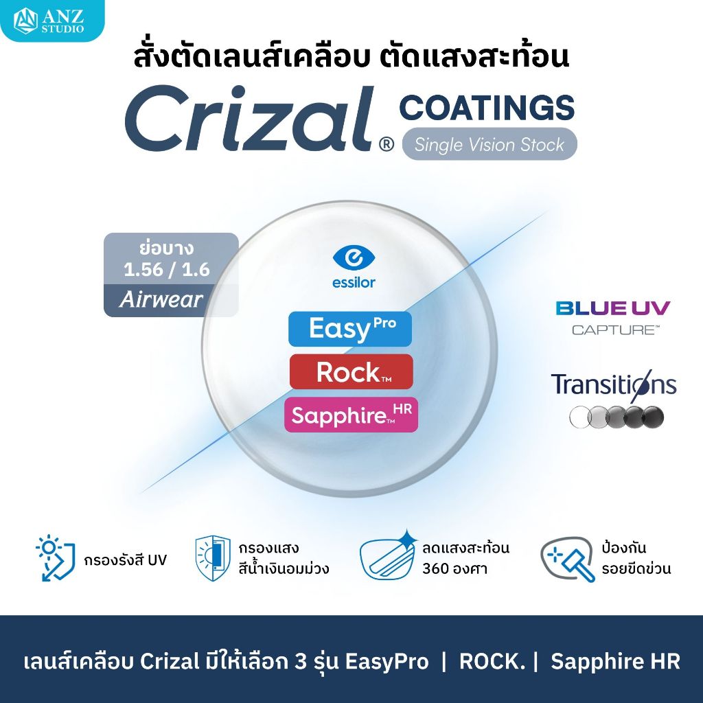 ANZ STUDIO ตัดเลนส์ลดแสงสะท้อน กรองแสงสีฟ้า Essilor Crizal Coating