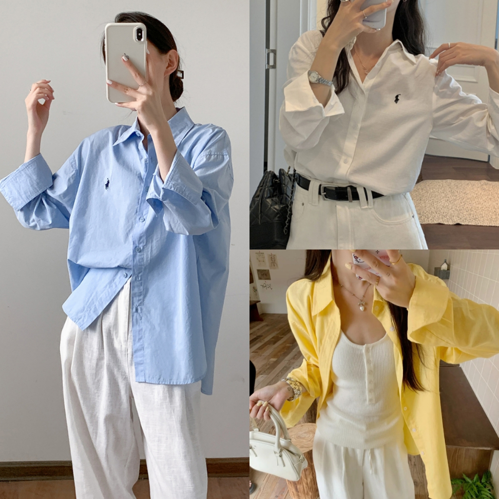 เสื้อเชิ้ตสไตล์เกาหลี เสื้อเชิ๊ตปักโลโก้ม้าโพนี่ เสื้อเชิ้ตแขนยาวทรงหลวม มี 5 สีให้เลือก