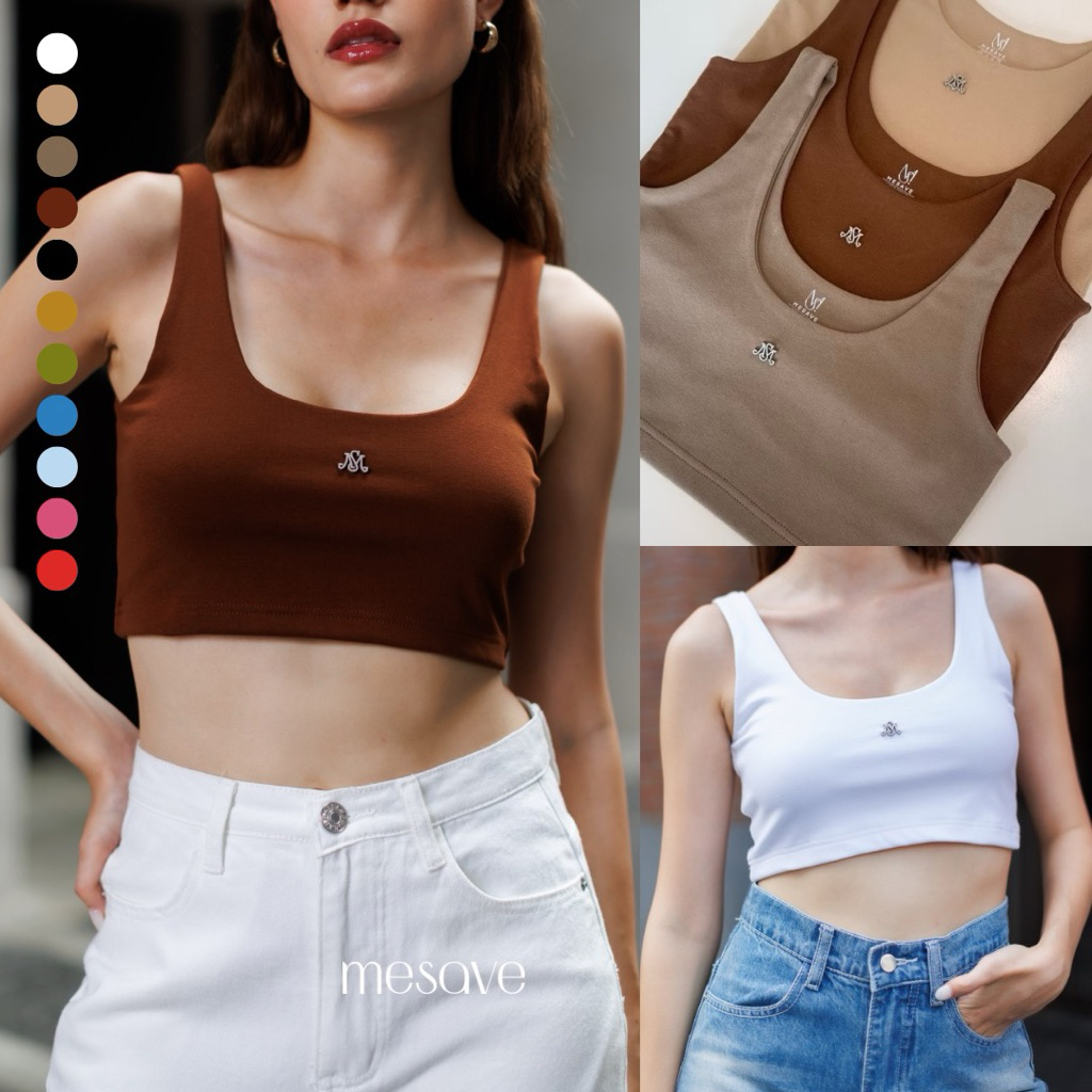 (11สี 3ไซส์) CAMILLE CROP เสื้อครอปแขนกุด ผ้ายืดนุ่ม รุ่น T101 - Mesave