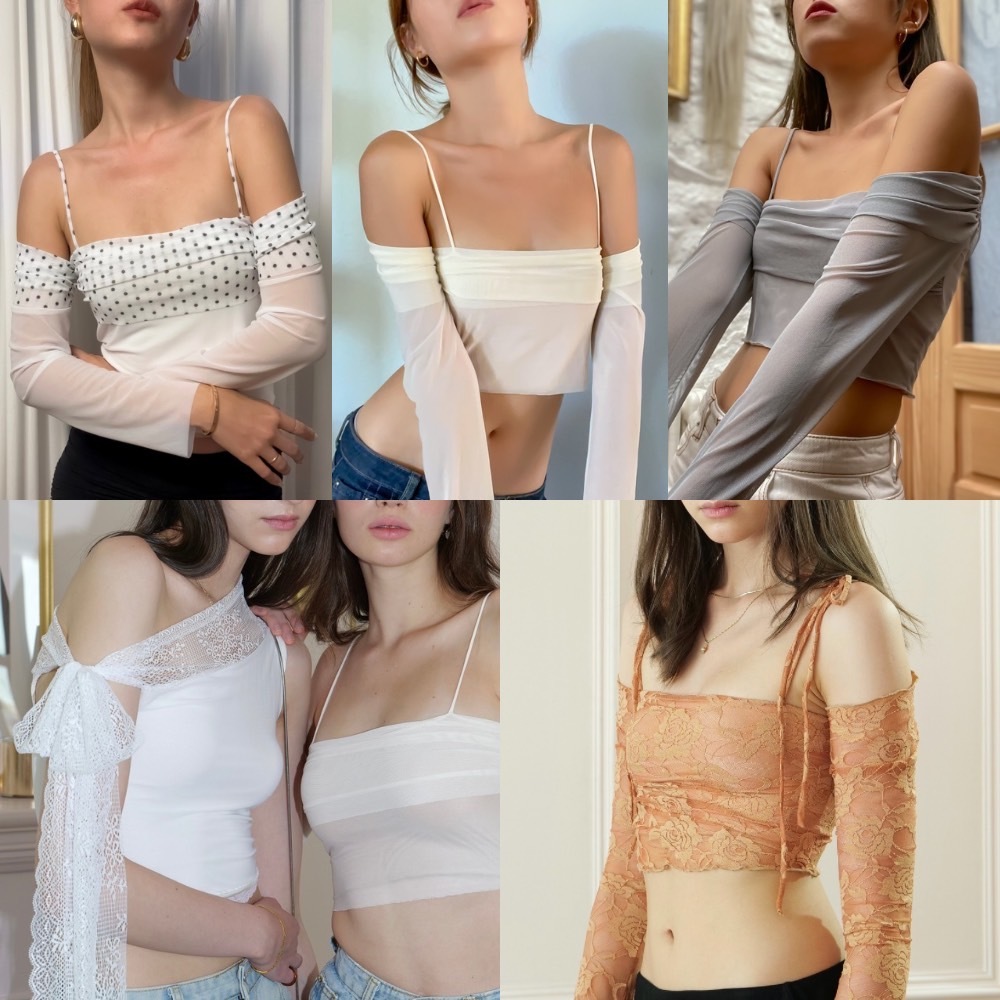 Try_yorata | Blursday Romantic top, Long sleeve, Lace top  เสื้อครอป ไหล่เดียวลูกไม้ ผ้ายืด แบบผูก ได้ตามใจชอบ  #ของแท้
