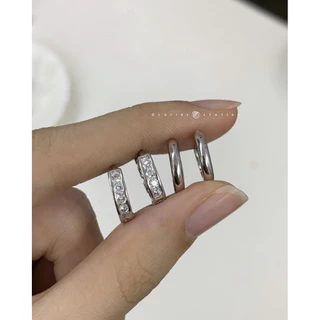🤍✨ เซ็ตห่วง Basic; ต่างหูเซ็ตห่วงล้วน 4 ชิ้น ห่วงเพชร+ห่วงเรียบสีเงิน
