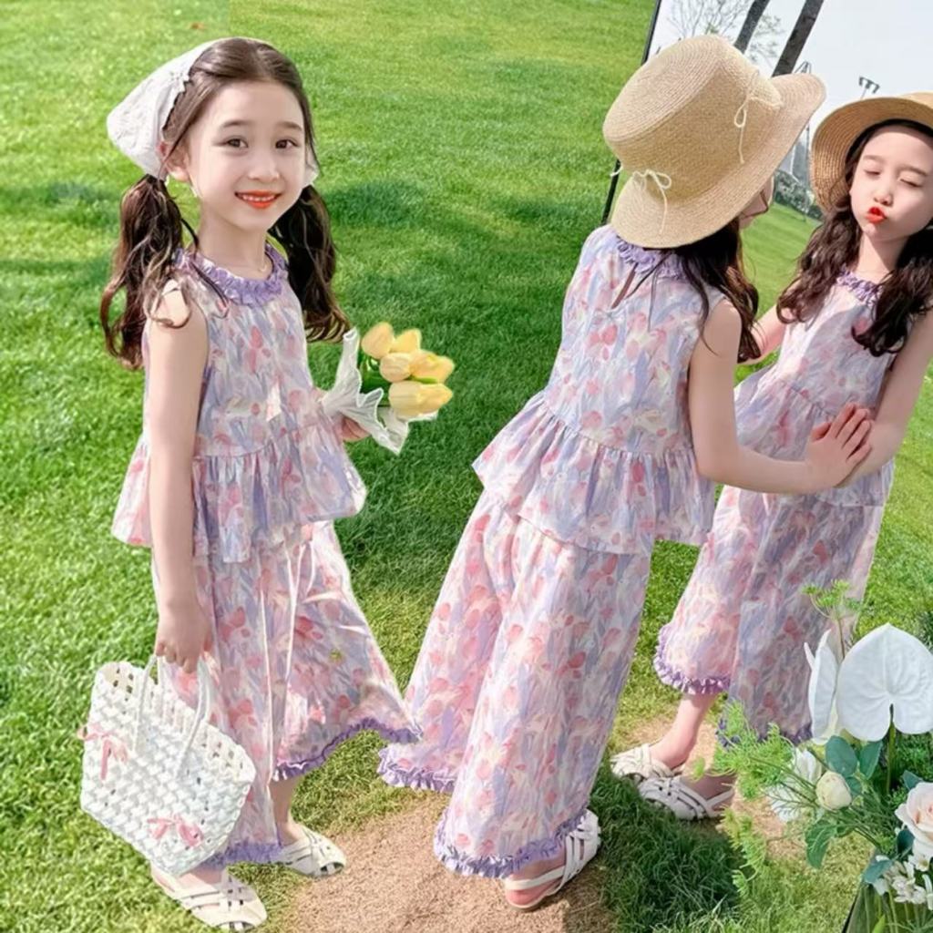 Mom Kids ကလေးမလေး အနံ့တင်ဆင်/ชุดเซ็ต လေး လายดอกไม้ (K4125188) Crop အင်္ကျီ လှလှနုနု 1-7 နှစ် — ထိုင်းမှ အမြန်ပို့