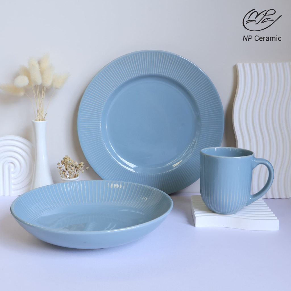 [ลดสูงสุด 80%] NP Ceramic จานเซรามิค จานอาหาร สีฟ้ามีลายขอบเส้น พรีเมี่ยมสวยหรู ใช้จัดโต๊ะอาหาร