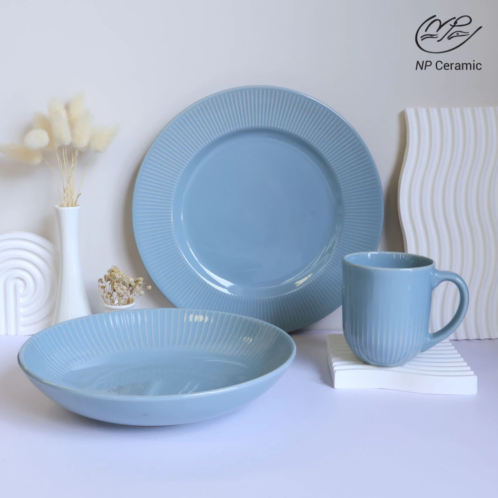 [ลดสูงสุด 80%] NP Ceramic จานเซรามิค จานอาหาร สีฟ้ามีลายขอบเส้น พรีเมี่ยมสวยหรู ใช้จัดโต๊ะอาหาร