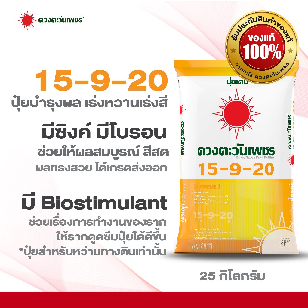 ปุ๋ยคอมปาวด์ 15-9-20 ขนาด 25 กก. ผสม Biostimulant  Zn, B จากธรรมชาติ บำรุงผล เร่งขนาดน้ำหนักของผล