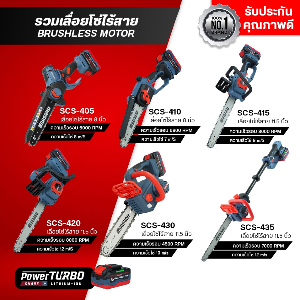 เลื่อยโซ่ไร้สาย MASARU รุ่น SCS-405/410/415/420/430/435  เลื่อยโซ่ เลื่อยแบตเตอรี่ เลื่อยไม้ บลัสเลส