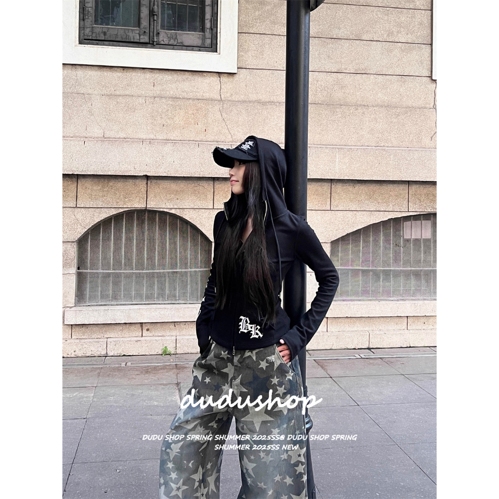[Trendy hip-hop print, thin sports hoodie]เสื้อฮู้ดพิมพ์ลายแฟชั่นสำหรับผู้หญิง เสื้อแขนยาวมีซิปลำลอง