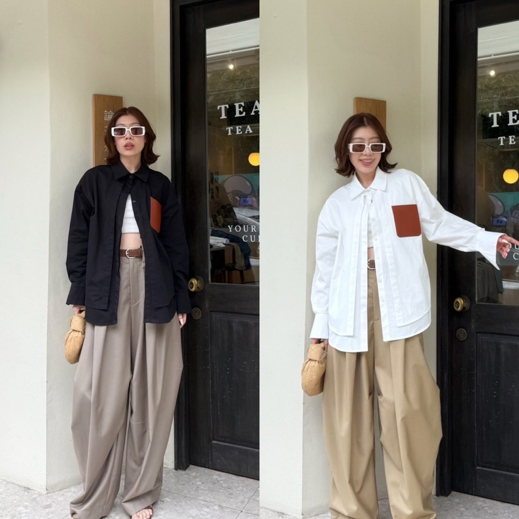 ส่งด่วน 🛵  #25460 STUDIOX2 DOUBLE LAYERS LEATHER POCKET SHIRT   เสื้อเชิ้ต2ชั้นดีเทลกระเป๋าหนังที่หน้าอก