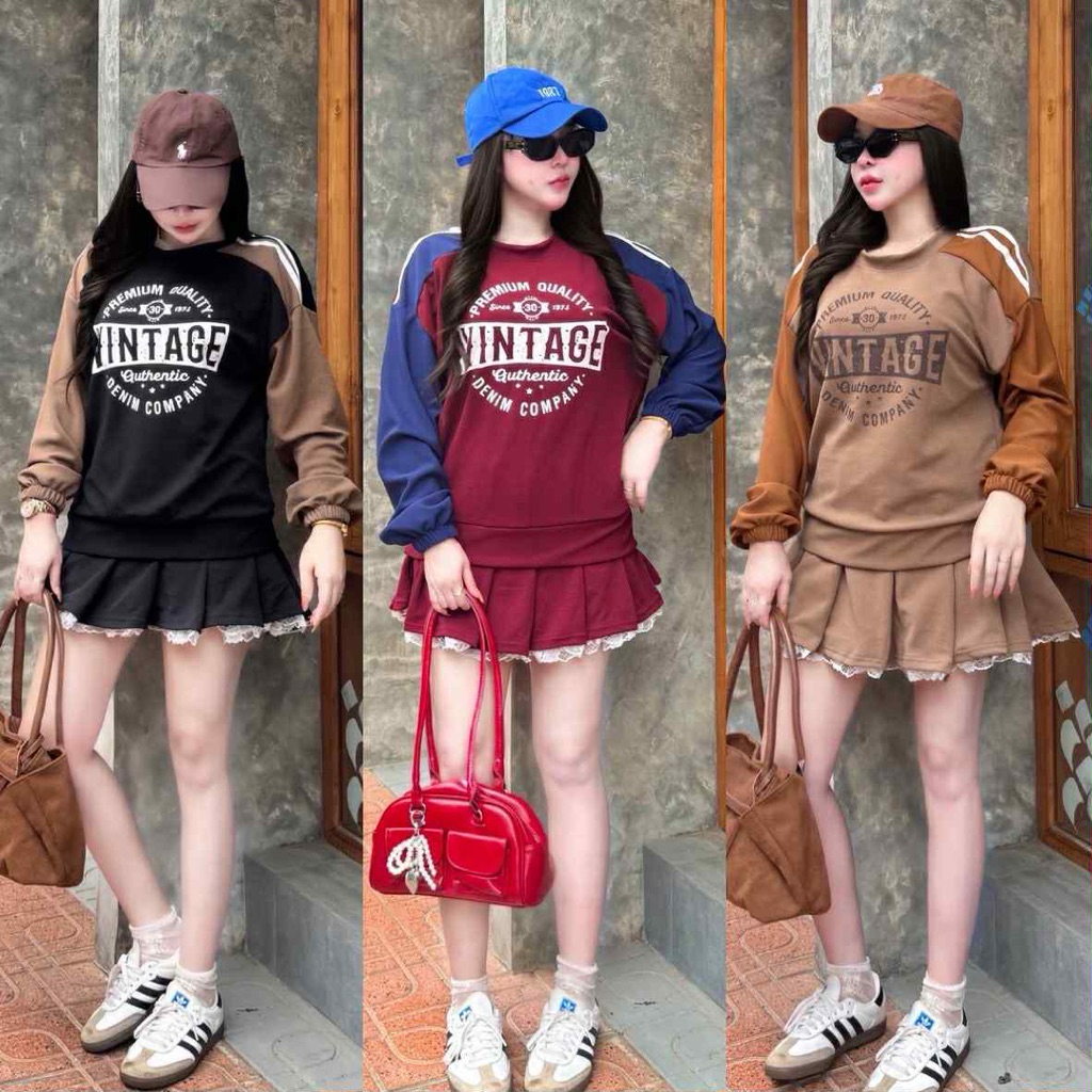 OT ชุดเซ็ต 2 ชิ้น ผ้าวูลเวฟ เสื้อคอกลมแขนยาวทูโทน ลาย Vintage + กระโปรงแต่งจีบทรงเกาหลีปลายแต่งลูกไม้