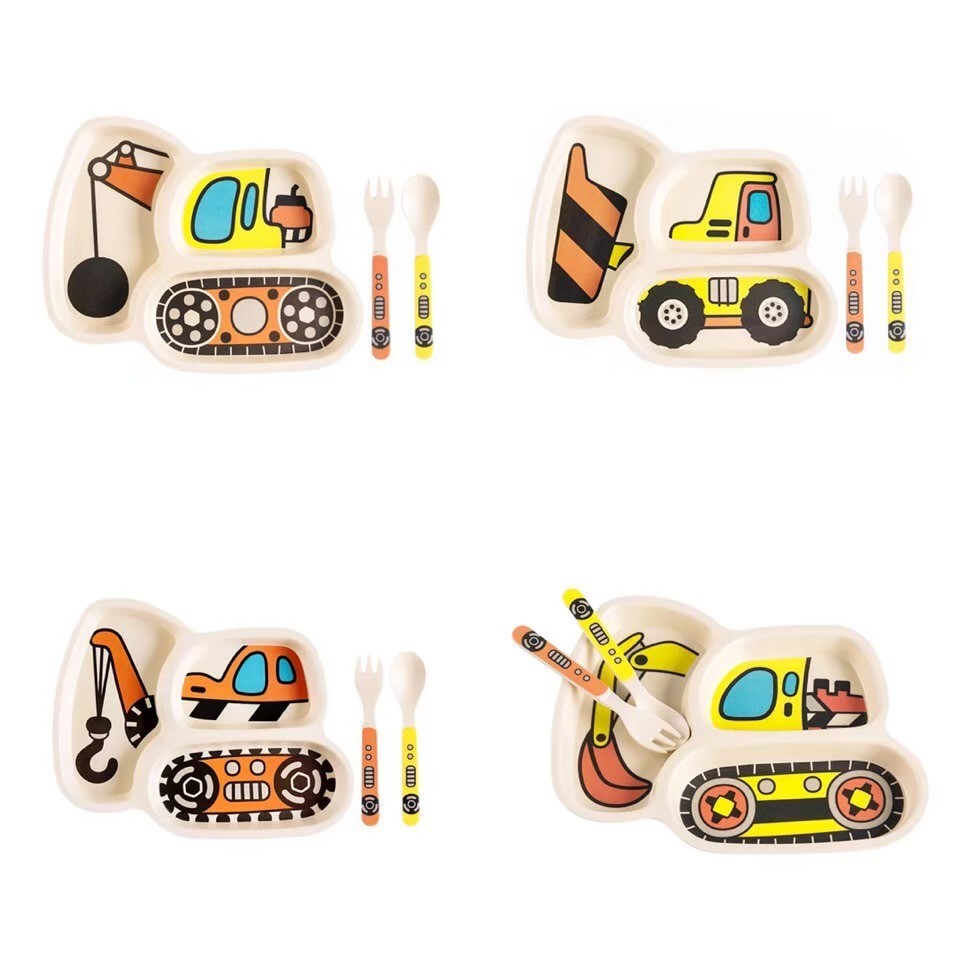 ชุดจานข้าวเด็ก ชามข้าวเด็ก ทำจากเยื่อไผ่ ปลอดภัยสำหรับเด็ก ลายรถตัก รถขุด รถเครน จานข้าวเด็ก ชามเยื่อไผ่ ชามอาหารเด็ก