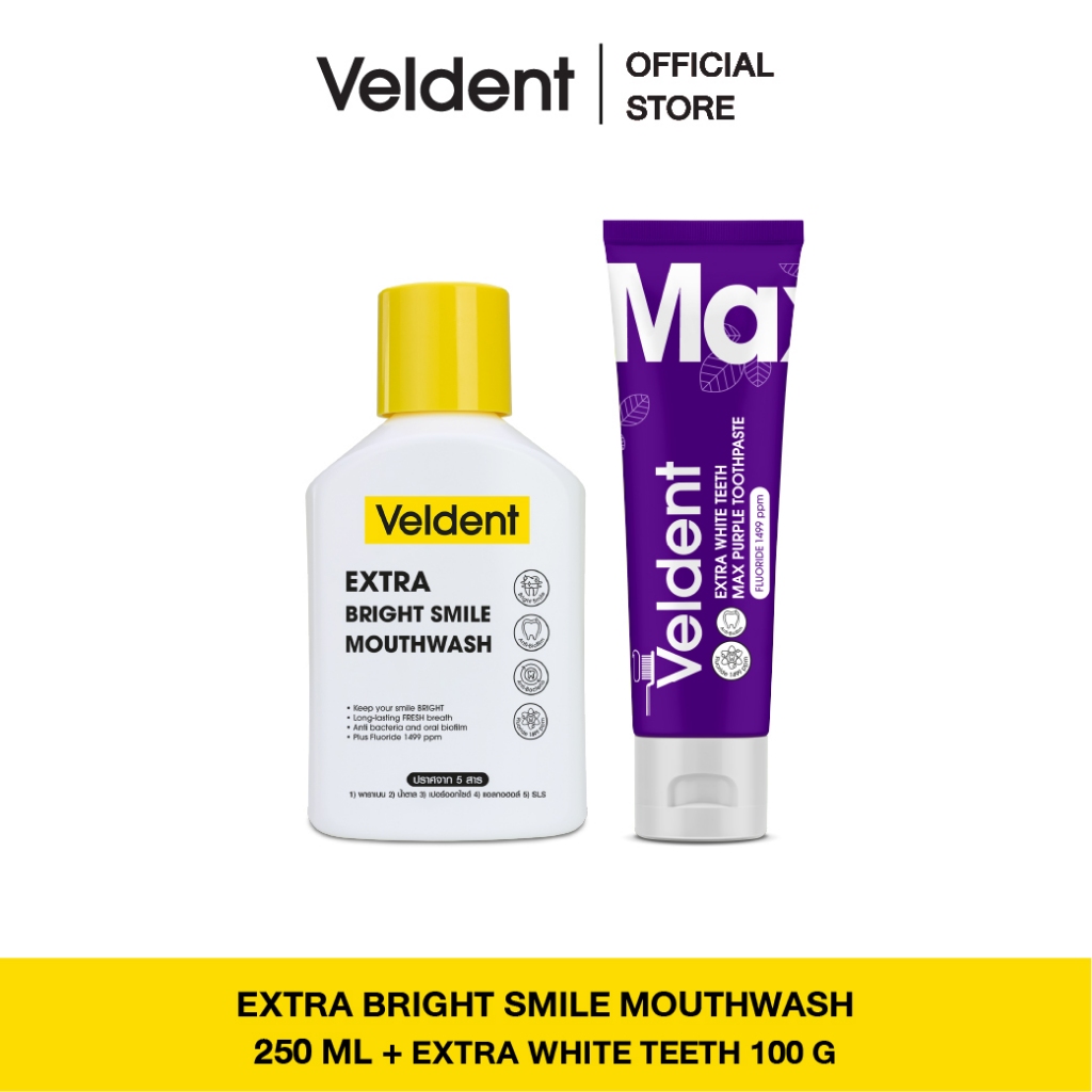 VELDENT EXTRA WHITE TEETH MAX PURPLE TOOTHPASTE 80 G & Veldent Extra Bright Smile Mouthwash 250 ml.